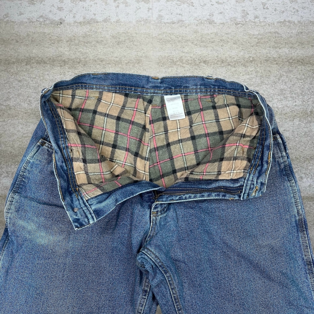 Men's Relaxed Fit Blue Denim Pants with Plaid Lining